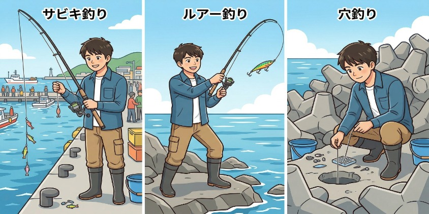 3分割構図で異なる釣りスタイルを描写。左:堤防サビキ、中:ルアーフィッシング、右:テトラポッドでの穴釣り。それぞれの道具が使われている。