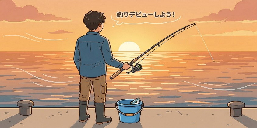 夕暮れの堤防で、ダイソーの釣具を使って釣りを楽しむ日本人男性の背中。釣れた魚が入ったバケツが横にある。