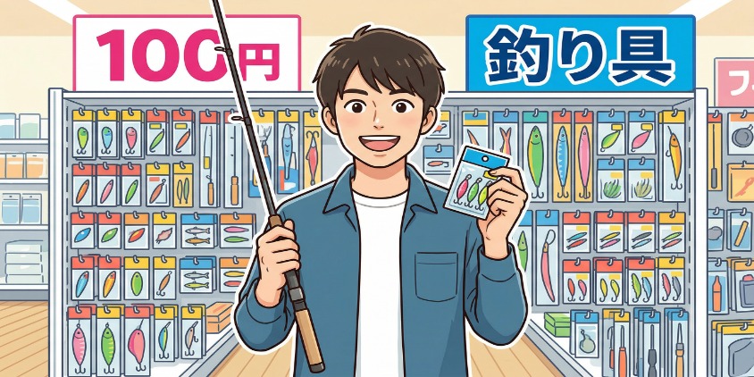 ダイソーの釣具コーナーの前で、笑顔で竿とルアーを持つ日本人男性。背景に100円ショップの釣具棚と「100円」のポップが並び、手軽さを表現