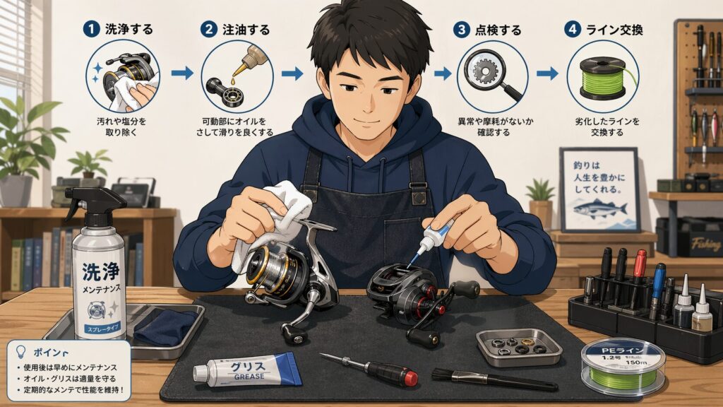 日本人アングラーが自宅作業台でメンテナンスを行っているシンプルイラスト。スピニングリールとベイトリールの両方を清掃・注油。洗浄スプレー、オイル、クロス、専用工具を配置し、手順を追っている雰囲気を表現。