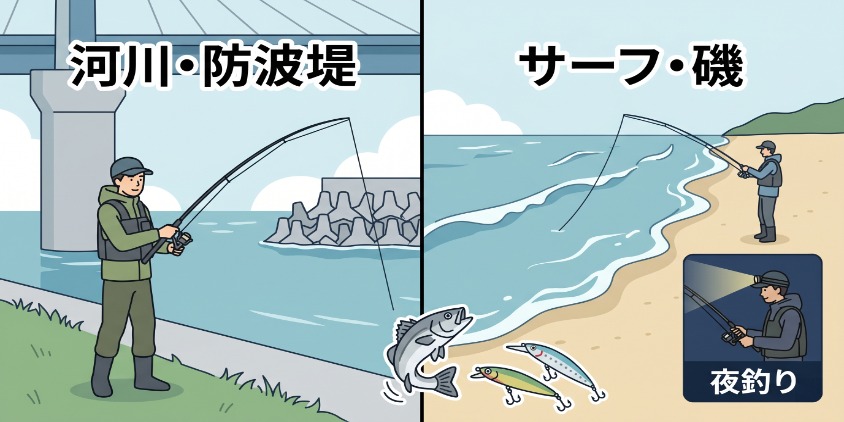 シーバス釣りの楽しみ方。河川の橋脚周辺や防波堤、そして広いサーフや磯での釣りを、分割パネルで表現。夜釣りも含む、多様なフィールドでの躍動感。シンプルイラスト。