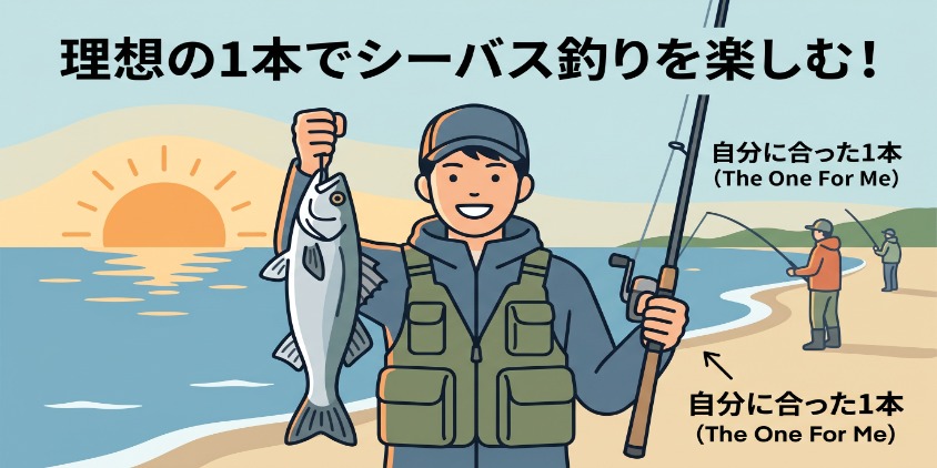 シーバスロッド選びのまとめ。美しい朝焼けの海岸で、自分に合った愛用のロッドを手に、釣ったシーバスを満足げに掲げる日本人アングラー。達成感と楽しみ。シンプルイラスト。