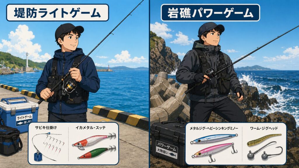 画面を左右で釣り場（堤防 vs 岩礁）と適したタックル（スピニング vs ベイト）で分割したシンプルイラスト。左側はスピニングタックルを持つアングラー（ライトゲーム）、右側はベイトタックルを持つアングラー（パワーゲーム）。