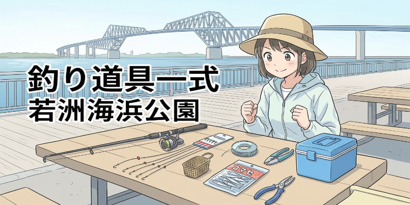若洲海浜公園の釣り場で、テーブルの上に綺麗に並べられた新しい釣り道具一式（ロッド、リール、サビキ仕掛け、コマセ、クーラーボックスなど）と、笑顔の日本人女性のアニメイラスト。