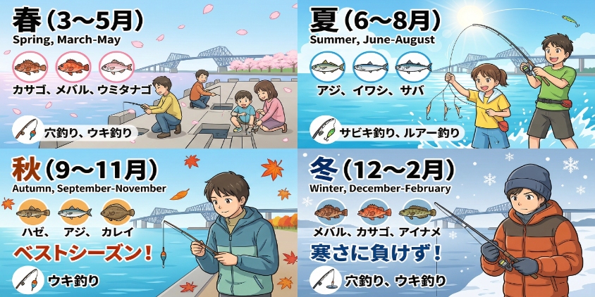 若洲海浜公園で春夏秋冬それぞれの季節に釣れる魚種とおすすめの釣り方を分かりやすく4分割したアニメイラストのインフォグラフィック。