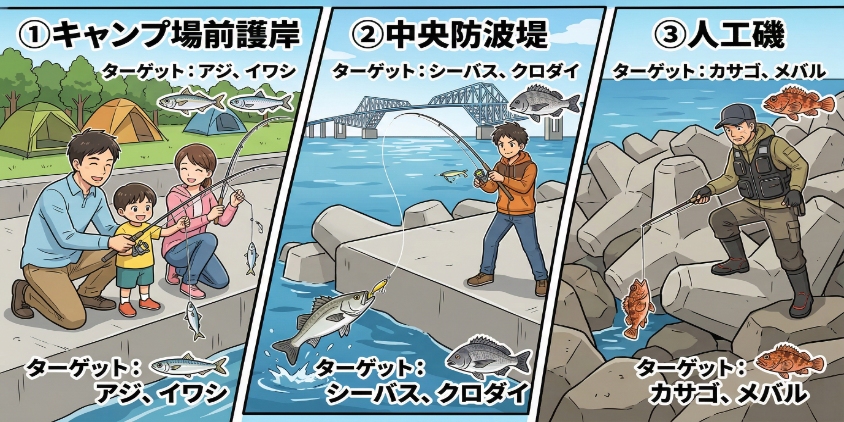 若洲海浜公園の3つの釣りポイント（キャンプ場前護岸、中央防波堤、人工磯）と、それぞれのターゲット魚を分かりやすく分割したアニメイラストのインフォグラフィック。