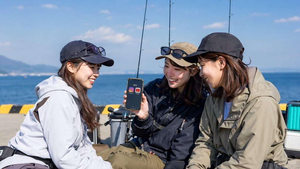 スマホでInstagramを見ながら釣りを楽しむ日本人女性たち・SNS文化と釣りの融合・海辺でのアウトドアアクティビティ
