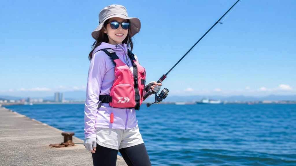UVカットパーカー・レギンス・バケットハット・偏光サングラス・ライフジャケット姿で堤防に立つおしゃれな日本人女性・機能性とファッション性を両立した釣りコーデ
