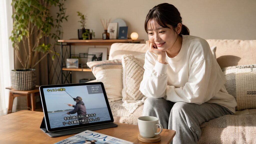 自宅のソファでタブレットの釣り解説動画を見る日本人女性・コーヒー片手にリラックス・釣りビジョンVODで学ぶイメージ・日本語字幕付き画面

