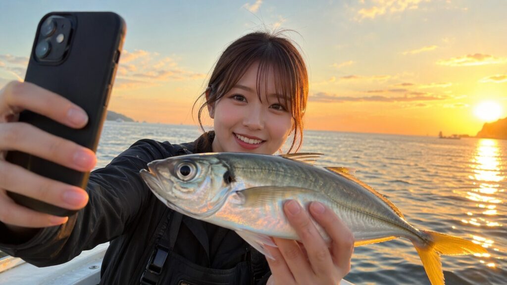 スマホで釣果セルフィーを撮る日本人女性・遠近法で魚を大きく見せるテクニック・夕焼けの海と空・Instagram映えする構図