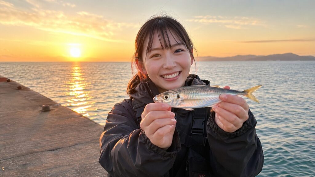 夕日の堤防で銀色のアジを両手で掲げ笑顔の若い日本人女性・キラキラ光る海・釣りガール初心者のデビューイメージ