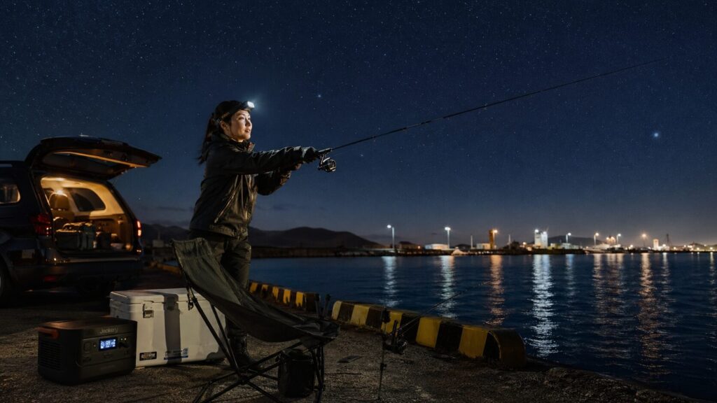 日本の堤防での幻想的な夜釣りシーン。ヘッドランプを着けた日本人女性釣り人が星空の下でキャストしている。折りたたみ椅子の横にはポータブル電源とクーラーボックス、近くには車内灯が柔らかく灯る車が駐車。深い青の夜空と優しい堤防の照明。冒険と静寂、女性一人でのアウトドア自立を表現した夜間撮影。