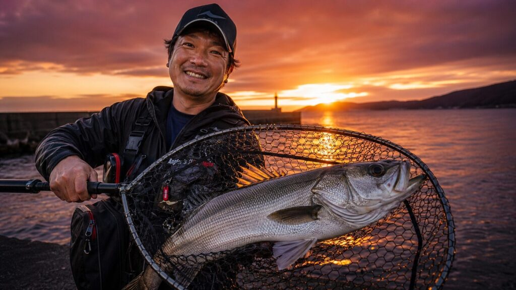 夕暮れの堤防でタモを使って大型シーバスの取り込みに成功した日本人釣り人の感動的な瞬間。満足そうな笑顔でタモの中の魚を見つめる姿。黄金色の夕日が海面に反射している。