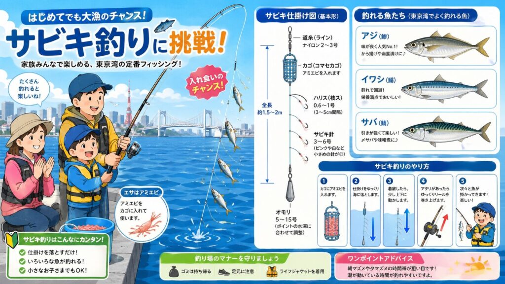 親子がサビキ仕掛けで釣りを楽しむ様子。複数の針と小魚、アミエビバケツが見える教育的なイラスト