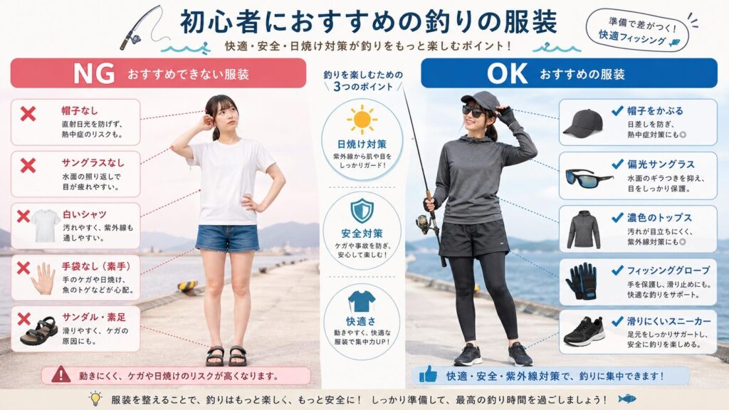 釣り初心者のための服装比較インフォグラフィック。左側にNG装備(サンダル・白シャツ・サングラスなし・素手・帽子なし)をバツマークで表示、右側にOK装備(滑りにくいスニーカー・ダークカラーのトップス・偏光サングラス・フィッシンググローブ・キャップ)をチェックマークで表示。日本人女性モデルが両方のスタイルを示している。