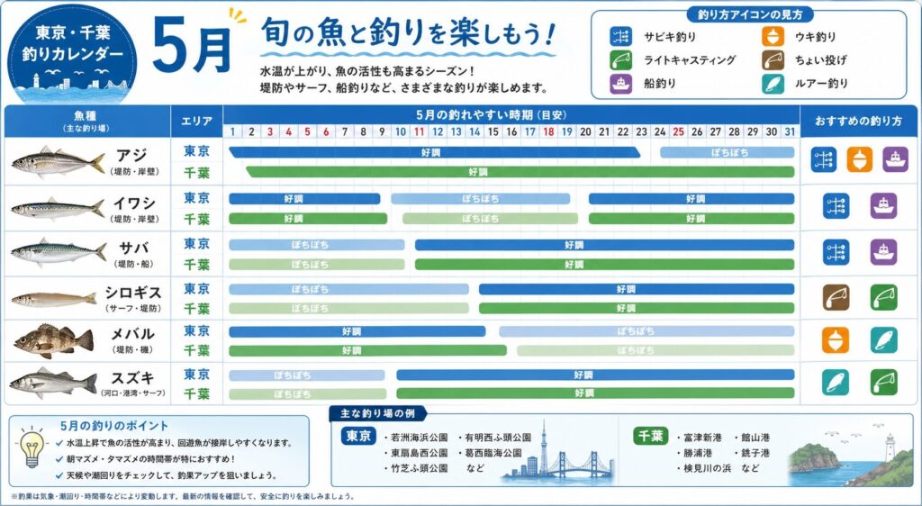 5月の釣り魚種カレンダー横型レイアウト、アジ・イワシ・サバ・シロギス・メバル・シーバスが並び日本語ラベルとサビキ釣りやちょい投げのアイコンが示されたインフォグラフィック