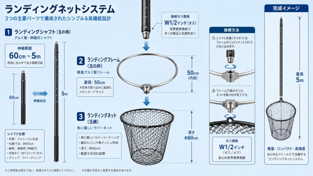 タモの3つの構成パーツ(タモ柄・タモ枠・タモ網)を分解して示したインフォグラフィック。各パーツの名称、サイズ、接続方法が図解され、W1/2インチ規格が強調されている