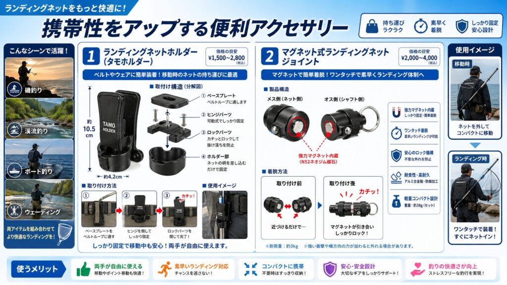  タモホルダーとマグネット式タモジョイントの2つの便利アクセサリーを詳細に図解したインフォグラフィック。取り付け方法、使用シーン、価格帯が明示されている。
