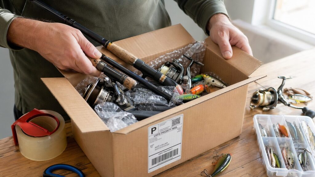 古い釣具を段ボール箱に梱包する手元のクローズアップ・梱包テープと緩衝材・宅配買取サービスのイメージ・整理整頓と断捨離