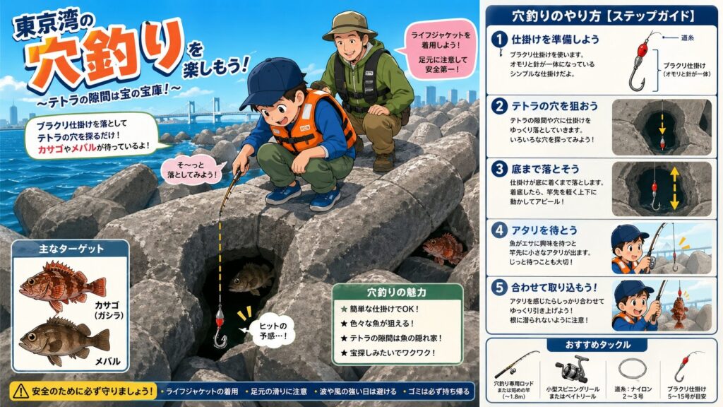 オレンジのライフジャケットを着た子どもがテトラの隙間にブラクリを落とす冒険的なイラスト