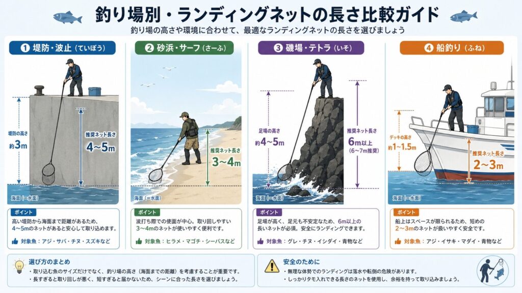 堤防・サーフ・磯・船の4つの釣り場別に最適なタモの長さを比較したインフォグラフィック。各釣り場の足場の高さとタモの長さが測定線で示され、日本人釣り人のシルエットでスケール感を表現。