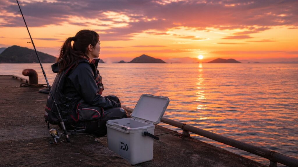 夕暮れの堤防で空のクーラーボックスを見つめる日本人女性の後ろ姿。釣竿が柵に立てかけられ、美しいオレンジと紫色の夕焼けが海の向こうに広がる。魚は釣れなかったが、その経験自体を受け入れる哲学的で平和な雰囲気。