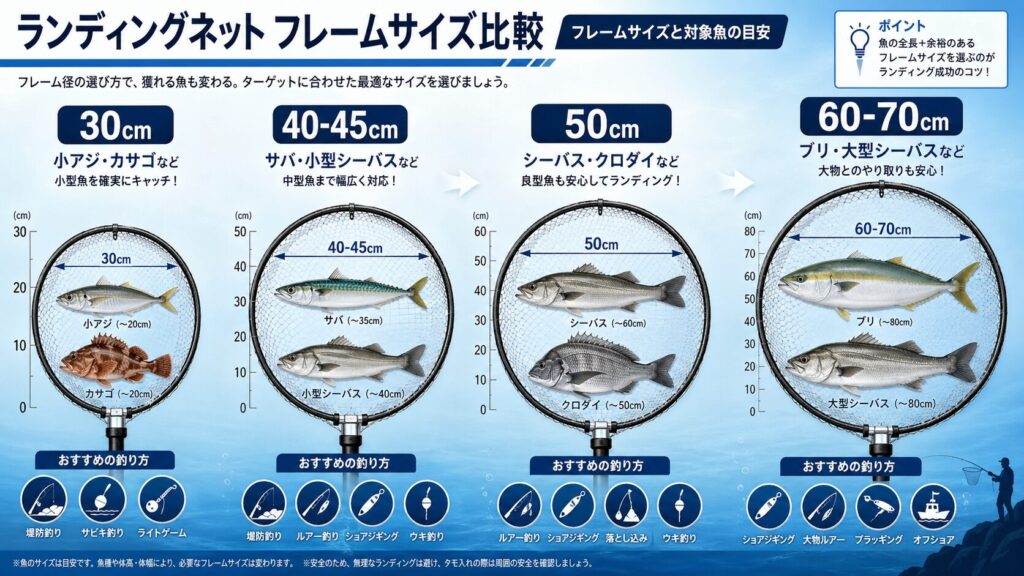 30cm、40-45cm、50cm、60-70cmの4サイズのタモ枠を並べ、それぞれに対応する対象魚(アジ、サバ、シーバス、ハマチ)を描いたサイズ比較インフォグラフィック。