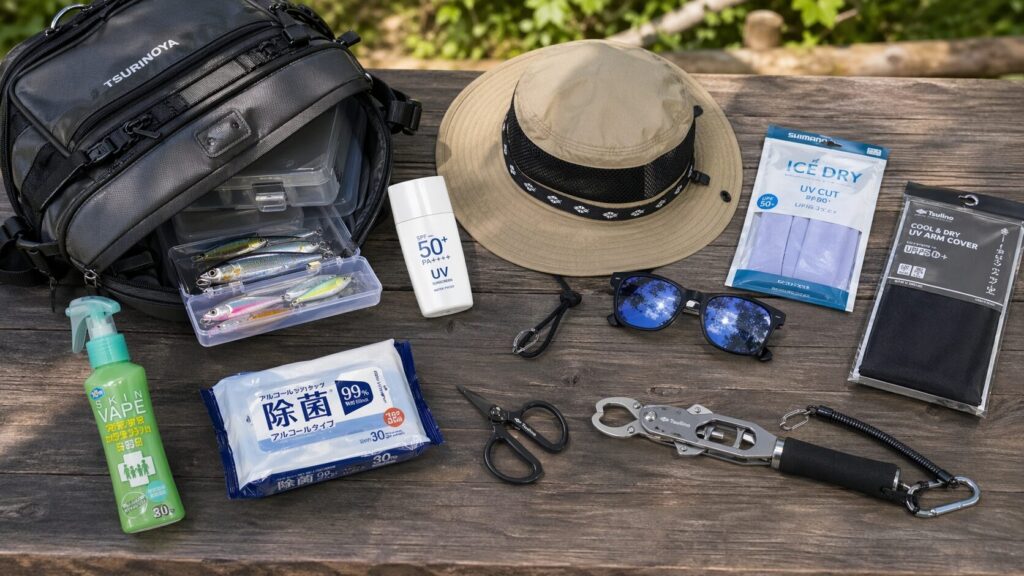 釣りバッグから溢れる道具類・日焼け止めSPF50・帽子・サングラス・虫除けスプレー・女性に必要な釣り装備一覧