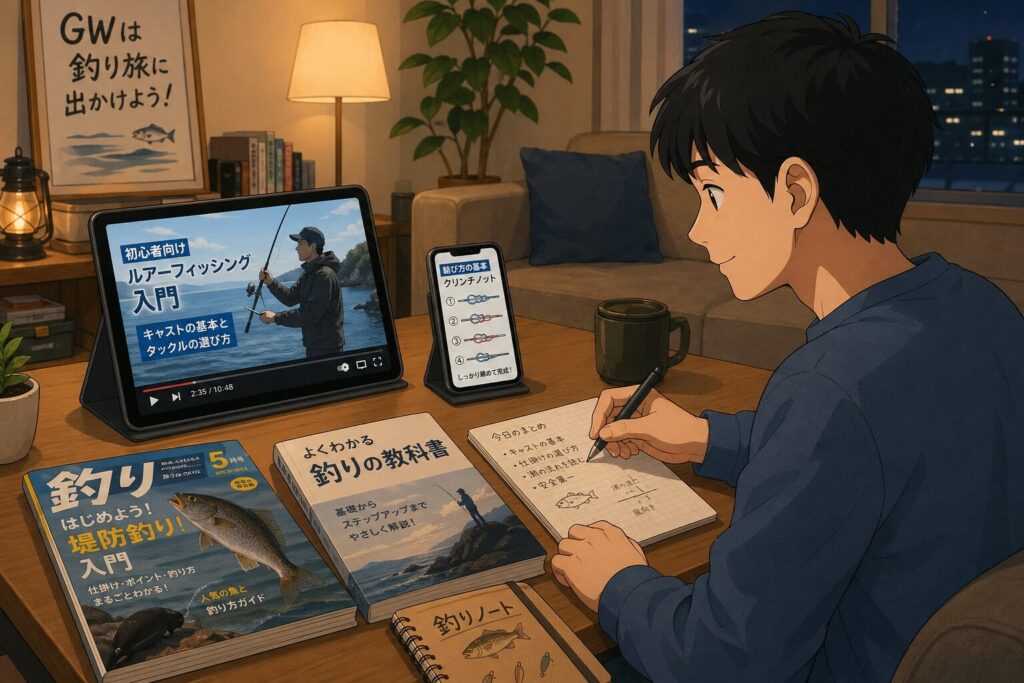 夜のリビングでタブレットやスマートフォンの釣り動画を見ながらメモを取る日本人初心者、テーブルには釣り雑誌、温かく準備万端な雰囲気の横長フラットイラスト