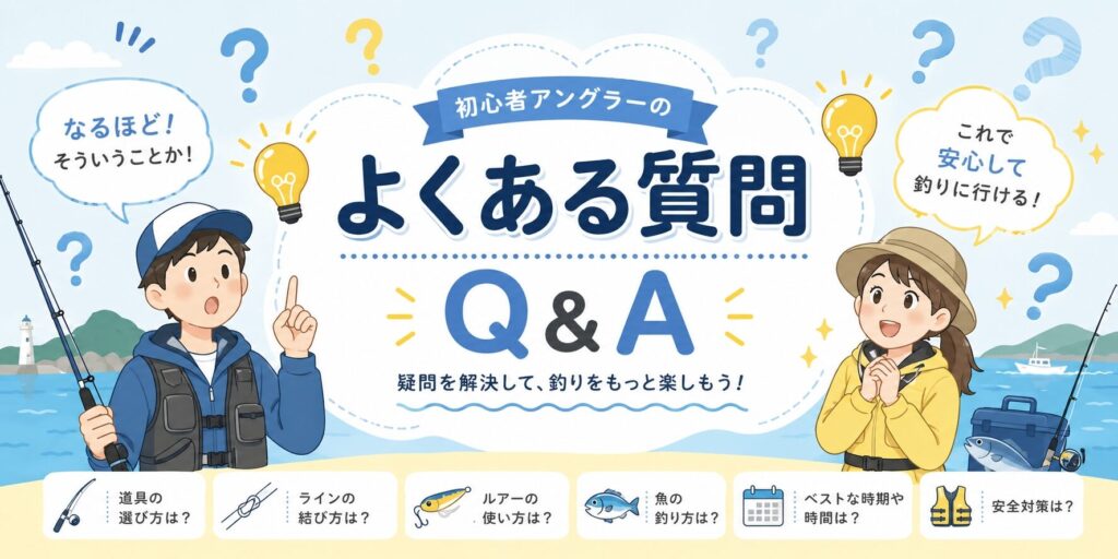 中央に大きく「よくある質問」の日本語テキスト、周囲に疑問符と電球アイコンが浮かび、「なるほど!」と納得する日本人初心者の表情が描かれた親しみやすいフラットイラスト