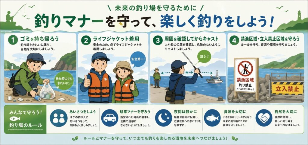 日本人釣り人がゴミ拾い・ライフジャケット着用・周囲確認をする責任ある姿が横並びに配置、「ゴミを持ち帰ろう」「ライフジャケット着用」などの日本語ピクトグラムが配置された教育的イラスト