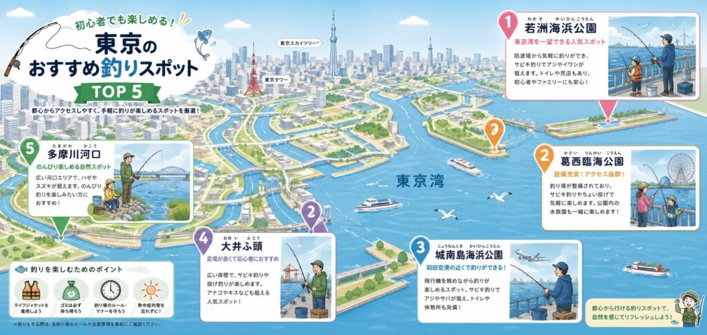 東京湾のワイドパノラマ地図に若洲海浜公園・葛西臨海公園・城南島海浜公園・大井ふ頭・多摩川河口の5つの釣り場がピンで示され日本人が楽しそうに釣りをするフラットイラスト
