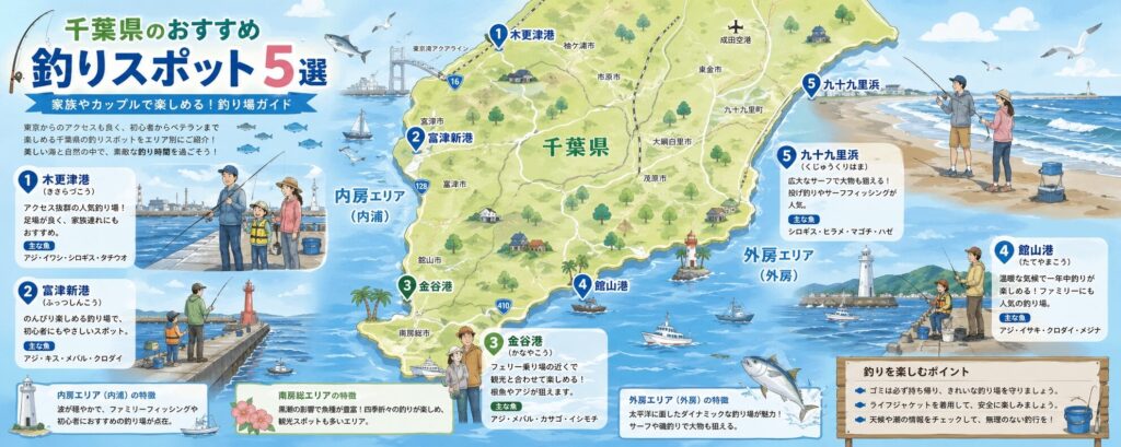 千葉県の海岸線超ワイドパノラマ地図、内房・南房総・外房エリアに木更津港・富津新港・金谷港・館山港・九十九里の釣り場が日本語表示され家族やカップルが釣りを楽しむイラスト