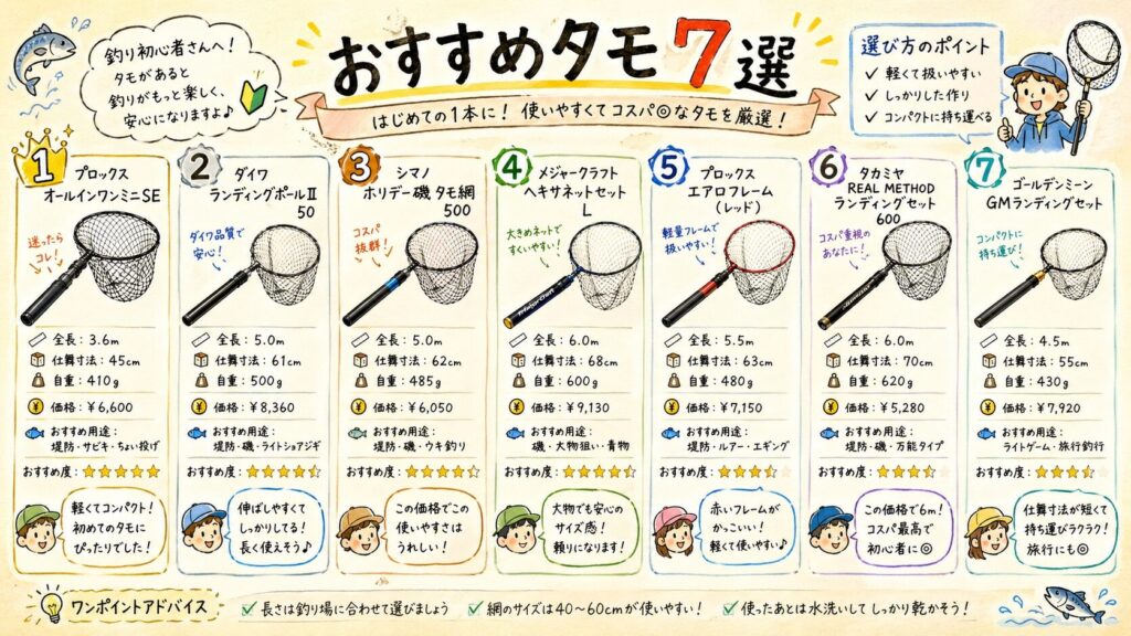 初心者向けおすすめタモ7選をランキング形式で紹介したグラフィックレコーディング風イラスト。各製品の特徴、価格、評価が手書き風の注釈とアイコンで親しみやすく表現されている。