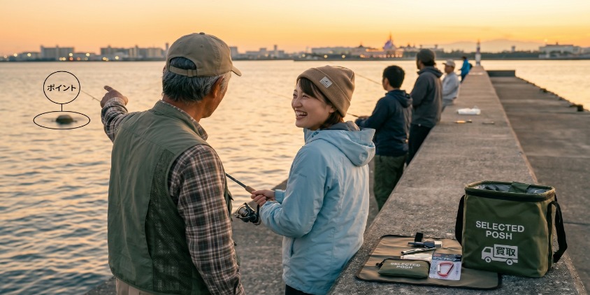 堤防で、マナーを守って釣りをしていた初心者が、ベテラン釣り人から笑顔でポイントを教えてもらっている。和やかな雰囲気。