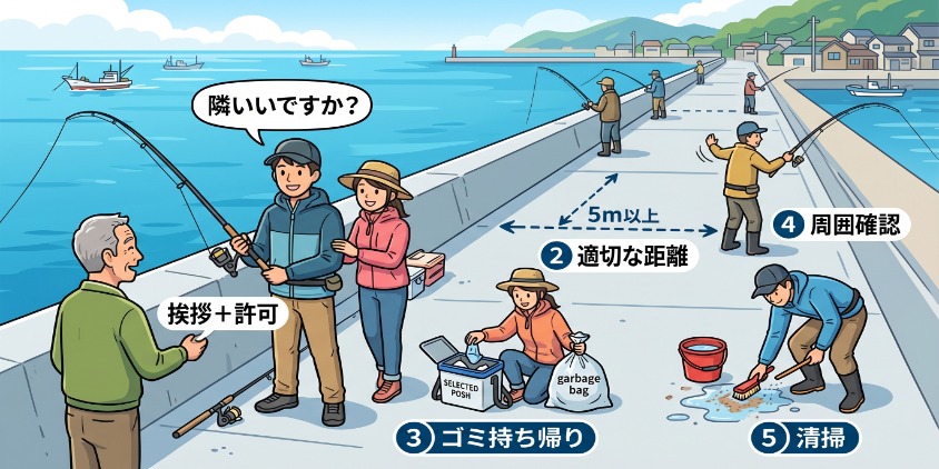 マナーを守って楽しく釣りをする日本人（男女ペア）。挨拶をし、適切な距離を保ち、ゴミを持ち帰り、キャスト前に確認し、清掃している。清潔な釣り場。