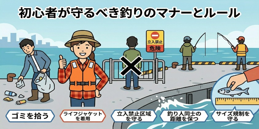 初心者が守るべき5つの釣りのマナー（ゴミ持ち帰り、ライフジャケット着用、立入禁止守る、距離保つ、リリース）を解説したインフォグラフィック。日本語テキスト入り。