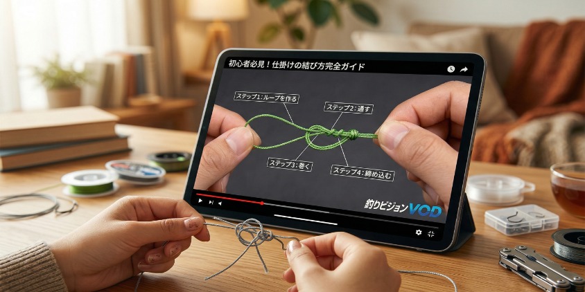 タブレット画面に釣り動画（仕掛けの結び方解説）が映り、画面の前で初心者が実際に仕掛けを結ぼうとしている手。