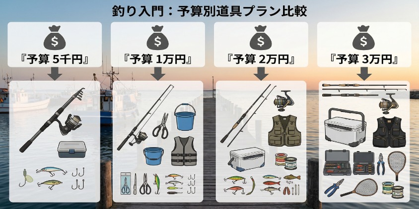 4つの予算（5千円、1万円、2万円、3万円）の札と、それぞれの予算で手に入る釣り道具の質と量が段階的に増える様子。