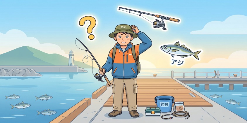 日本人の初心者が、浮いている「？」マークと、魚（アジ）、竿のアイコンに囲まれて、困った顔をしているシンプルなイラスト。