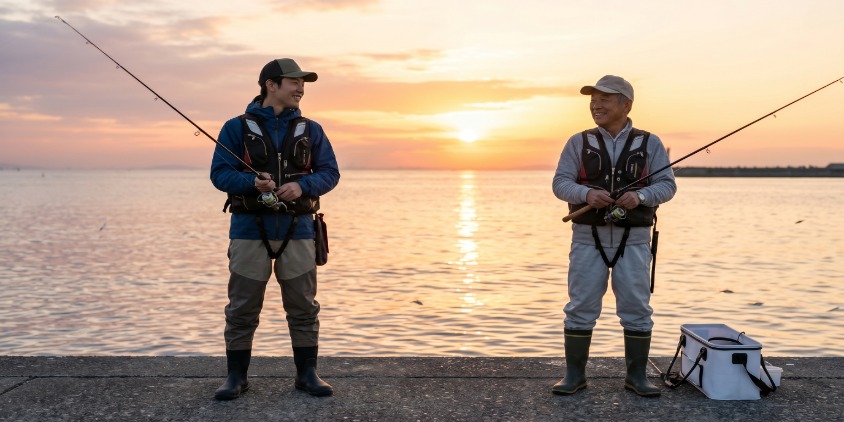 釣り場の美しい夕景を背景に、マナーを身につけた初心者が、自信を持ってベテランと並んで釣りをしている。和やかな「好かれる初心者」の姿