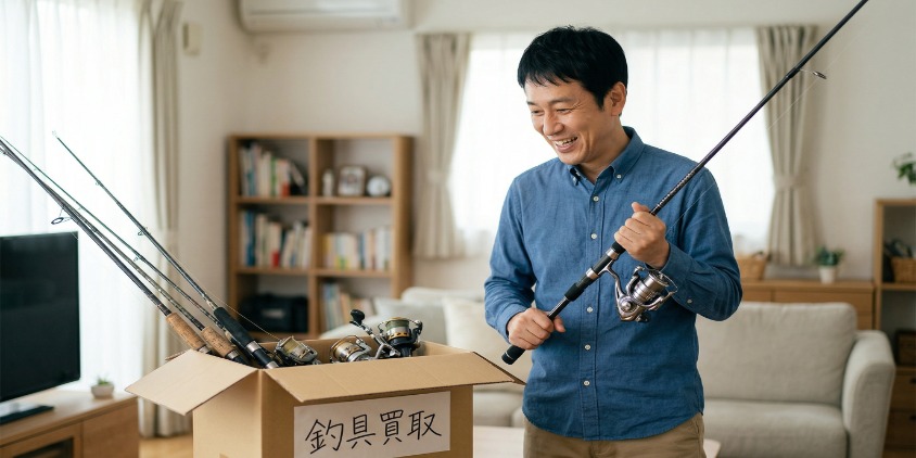 笑顔の日本人男性が、使わなくなった古い竿やリールを「釣具買取」の箱に詰め、新しいタックルを手に入れている。フォトリアル。