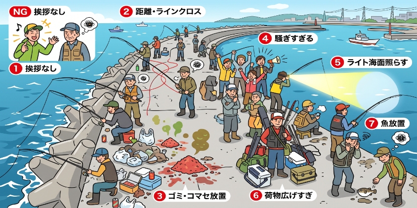 堤防で、ゴミが散乱し、コマセがこぼれ、荷物が広がり、ラインが絡まり、魚が放置されている、カオスな状況。困惑するベテラン釣り人と、悪びれない初心者。
