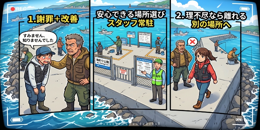 トラブル時の冷静な対応を象徴する、インフォグラフィック風の構図。左側：ベテランに注意され、頭を下げて謝る初心者。右側：理不尽な常連から離れ、別の場所へ移動する初心者。中央：管理された釣り場（スタッフ、柵）。