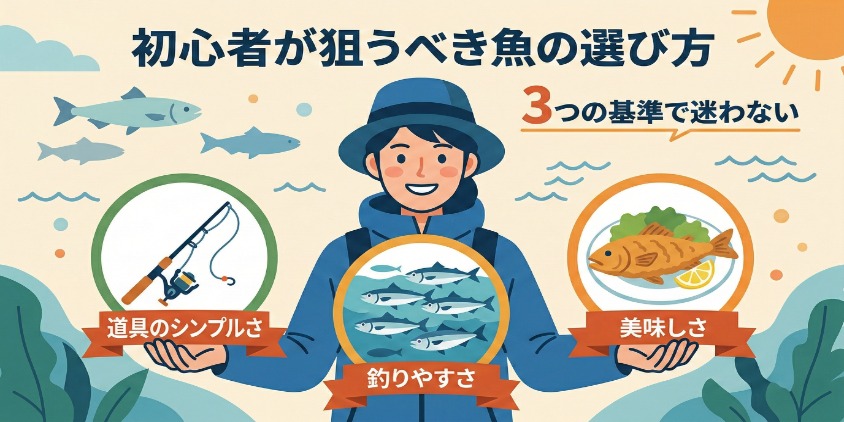 初心者が狙うべき魚の選び方として、釣りやすさ（魚群アイコン）、道具のシンプルさ（竿アイコン）、美味しさ（アジフライアイコン）の3つの基準を象徴するインフォグラフィック。日本語テキスト入り。