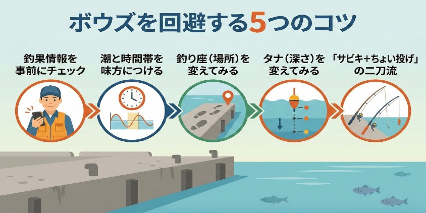 ボウズを回避する5つのコツ（事前情報、潮・時間、場所移動、タナ調整、二刀流）を、アイコンと日本語テキストで解説したインフォグラフィック。