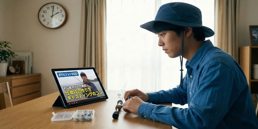 家でタブレット（釣りビジョンVOD）を見ながら、竿の振り方を真剣に学ぶ日本人男性。タブレットには「初心者向け入門動画」の文字。フォトリアル。