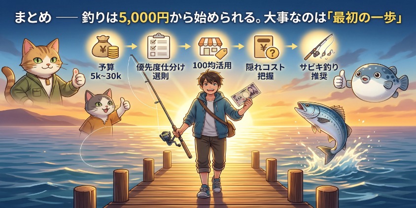 5,000円札を持った初心者が、自信を持って釣り場へ向かって「最初の一歩」を踏み出している。背景に凝縮された要素。
