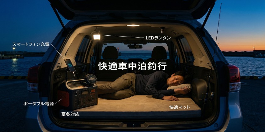 夜明け前の釣り場に停められた車。車内でポータブル電源がスマホやランタンに電気を供給。快適なマットに寝ている釣り人。朝マズメ