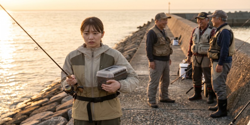 釣りの道具を持って不安そうな表情の日本人初心者（女性）。背景には、和やかに釣りを楽しむベテラン（男性）がいる。